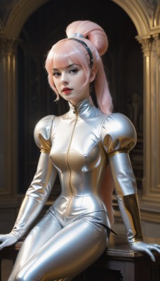 1girl,solo,long hair,breasts,looking at viewer,bangs,gloves,long sleeves,medium breasts,sitting,ponytail,pink hair,hairband,small breasts,parted lips,puffy sleeves,shiny,indoors,white gloves,blurry,lips,grey eyes,bodysuit,makeup,arm support,high ponytail,lipstick,skin tight,shiny clothes,red lips,white bodysuit,latex,latex bodysuit,brown eyes,artist name,hair bun,black eyes,single hair bun,zipper,realistic,yellow bodysuit