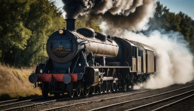 outdoors,sky,day,cloud,tree,military,no humans,grass,ground vehicle,nature,motor vehicle,forest,smoke,military vehicle,tank,vehicle focus,train,caterpillar tracks,world war ii,railroad tracks,weapon,damaged,machine gun