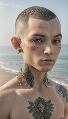 solo,looking at viewer,black hair,1boy,jewelry,closed mouth,nipples,green eyes,upper body,male focus,earrings,outdoors,day,necklace,blurry,lips,blood,tattoo,blurry background,ocean,beach,piercing,portrait,freckles,topless male,blood on face,realistic,sand,very short hair,buzz cut,short hair,collarbone,sky,pointy ears,water,chest tattoo,neck tattoo