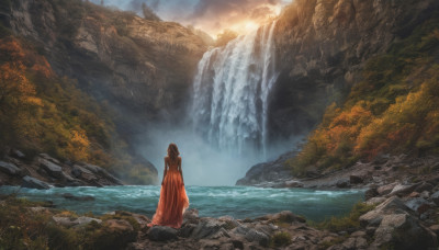 1girl, solo, long hair, brown hair, dress, outdoors, sky, cloud, water, from behind, tree, nature, scenery, rock, waterfall