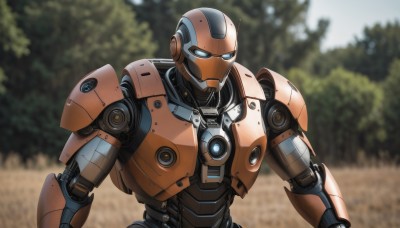 solo,blue eyes,1boy,upper body,male focus,outdoors,blurry,tree,looking to the side,no humans,blurry background,robot,nature,mecha,forest,science fiction,looking ahead,humanoid robot,armor,glowing,looking down,glowing eyes,power armor