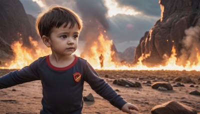 solo,short hair,shirt,black hair,long sleeves,1boy,brown eyes,upper body,male focus,outdoors,sky,day,cloud,outstretched arms,fire,blue shirt,child,smoke,rock,mountain,realistic,male child,burning,molten rock,brown hair,water