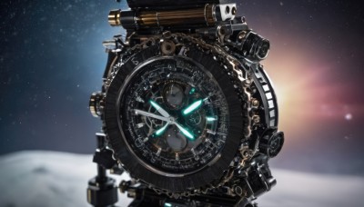 sky,blurry,no humans,night,depth of field,star (sky),scenery,starry sky,science fiction,clock,space,gears,roman numeral,telescope,robot,watch,camera,planet,pocket watch,spacecraft