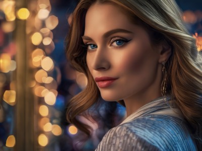 1girl,solo,long hair,looking at viewer,smile,blue eyes,blonde hair,brown hair,jewelry,closed mouth,earrings,looking back,blurry,lips,eyelashes,makeup,depth of field,blurry background,portrait,realistic,nose,red lips,bokeh,artist name,signature,from side,light smile