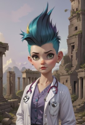 1girl,solo,looking at viewer,short hair,shirt,black hair,jewelry,green eyes,blue hair,collarbone,upper body,male focus,multicolored hair,earrings,outdoors,green hair,sky,day,artist name,cloud,two-tone hair,lips,buttons,aged down,spiked hair,freckles,hands in pockets,labcoat,ruins,stethoscope,blush,open clothes,purple shirt,badge