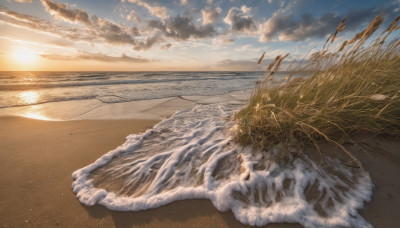 outdoors, sky, cloud, water, no humans, ocean, beach, cloudy sky, scenery, sunset, sand, sun, horizon, waves, shore