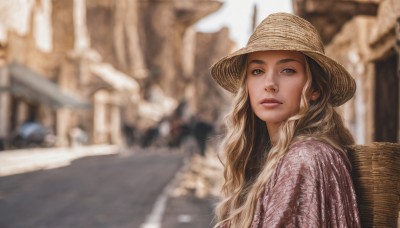 1girl,solo,long hair,looking at viewer,blue eyes,blonde hair,hat,closed mouth,upper body,outdoors,solo focus,blurry,lips,depth of field,blurry background,wavy hair,freckles,realistic,nose,basket,road,street,brown eyes