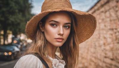 1girl,solo,long hair,looking at viewer,brown hair,shirt,hat,brown eyes,jewelry,closed mouth,white shirt,upper body,earrings,outdoors,day,blurry,lips,depth of field,blurry background,ground vehicle,portrait,motor vehicle,freckles,sun hat,realistic,nose,straw hat,car,stud earrings,sky,tree,blue sky,thick eyebrows,blouse,lace