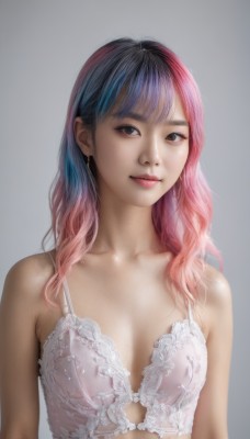 1girl,solo,long hair,breasts,looking at viewer,smile,bangs,simple background,black hair,cleavage,bare shoulders,brown eyes,jewelry,medium breasts,closed mouth,underwear,blue hair,collarbone,upper body,pink hair,multicolored hair,earrings,small breasts,grey background,bra,black eyes,two-tone hair,lips,gradient hair,makeup,underwear only,lingerie,white bra,realistic,pink bra,gradient,gradient background