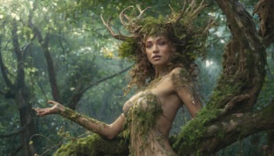 1girl,solo,long hair,breasts,looking at viewer,brown hair,navel,bare shoulders,brown eyes,jewelry,medium breasts,upper body,flower,small breasts,outdoors,parted lips,horns,teeth,day,necklace,blurry,tree,lips,leaf,sunlight,plant,monster girl,nature,forest,realistic,nose,fantasy,branch,antlers,vines,dappled sunlight,blue eyes,green eyes,makeup,curly hair,green theme,plant girl