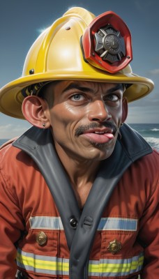 solo,looking at viewer,black hair,1boy,hat,jewelry,jacket,upper body,male focus,earrings,outdoors,parted lips,sky,teeth,day,belt,black eyes,blue sky,lips,facial hair,ocean,piercing,thick eyebrows,helmet,beard,red jacket,realistic,nose,mustache,stud earrings,yellow headwear,hardhat,short hair,blue eyes,long sleeves,tongue,tongue out,water,grey eyes,beach