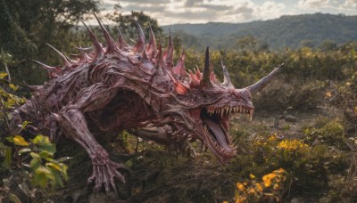 solo,open mouth,red eyes,outdoors,horns,sky,teeth,day,cloud,tree,no humans,glowing,cloudy sky,grass,plant,sharp teeth,nature,scenery,claws,spikes,forest,monster,mountain