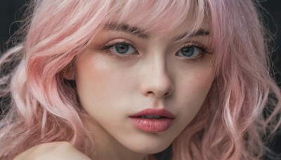 1girl,solo,long hair,looking at viewer,open mouth,bangs,blue eyes,pink hair,parted lips,teeth,lips,grey eyes,eyelashes,wavy hair,portrait,close-up,realistic,nose,simple background,makeup,black background