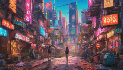 short hair, multiple girls, black hair, 1boy, standing, outdoors, sky, bag, from behind, dutch angle, backpack, ground vehicle, building, scenery, motor vehicle, walking, lantern, city, sign, road, cityscape, power lines, street, neon lights, vanishing point, storefront