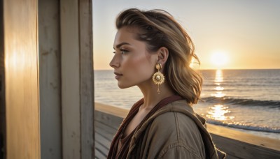 1girl,solo,long hair,short hair,brown hair,brown eyes,jewelry,upper body,earrings,outdoors,parted lips,sky,medium hair,water,from side,lips,profile,ocean,looking away,sunlight,backlighting,sunset,realistic,nose,sun,horizon,watercraft,looking afar,boat,blurry