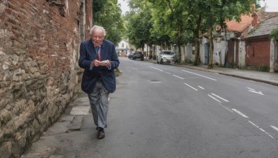 solo,looking at viewer,smile,short hair,shirt,long sleeves,1boy,standing,jacket,full body,white hair,grey hair,male focus,outdoors,necktie,shoes,glasses,day,collared shirt,pants,tree,facial hair,brown footwear,formal,suit,blue shirt,blue jacket,red necktie,ground vehicle,building,scenery,motor vehicle,walking,watch,realistic,mustache,car,wristwatch,road,grey pants,house,old,old man,street,photo background,wrinkled skin,closed mouth,white shirt,parody,blue pants,sidewalk