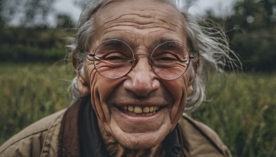 solo,looking at viewer,smile,open mouth,shirt,1boy,closed eyes,white hair,grey hair,male focus,outdoors,glasses,teeth,day,grin,blurry,depth of field,blurry background,parody,portrait,facing viewer,realistic,round eyewear,old,old man,old woman,wrinkled skin,grass,brown jacket