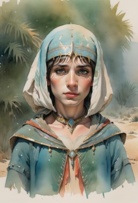 1girl,solo,looking at viewer,blush,bangs,brown hair,brown eyes,jewelry,closed mouth,collarbone,upper body,outdoors,parted lips,artist name,hood,necklace,lips,grey eyes,plant,gem,portrait,veil,hood up,freckles,realistic,nose,dirty,short hair,black hair,dress,headdress,head scarf