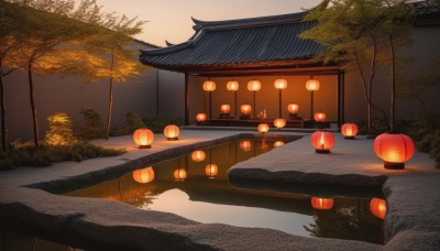 outdoors,sky,water,tree,no humans,night,shadow,building,nature,scenery,reflection,sunset,lantern,rock,bush,architecture,bridge,east asian architecture,river,paper lantern,stone lantern,grass,plant,mountain,road,house,evening,path