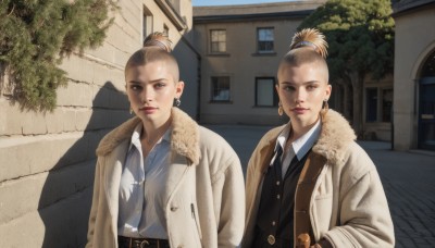 looking at viewer,multiple girls,blonde hair,brown hair,shirt,2girls,brown eyes,jewelry,closed mouth,jacket,white shirt,upper body,ponytail,earrings,outdoors,day,collared shirt,belt,vest,tree,lips,coat,fur trim,window,buttons,shadow,single hair bun,blue shirt,building,hoop earrings,realistic,hands in pockets,bald,old,wrinkled skin,short hair,necklace,makeup,lipstick,sisters,house,topknot