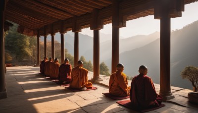 short hair,brown hair,black hair,sitting,male focus,outdoors,japanese clothes,multiple boys,sky,day,kimono,from behind,tree,shadow,sunlight,plant,scenery,6+boys,4boys,mountain,facing away,shade,5boys,architecture,east asian architecture,pillar,stone lantern,bald,old,old man