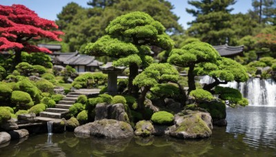 outdoors,sky,day,water,blurry,tree,blue sky,no humans,building,nature,scenery,forest,rock,stairs,architecture,bridge,east asian architecture,river,waterfall,stone lantern,real world location,moss,pond