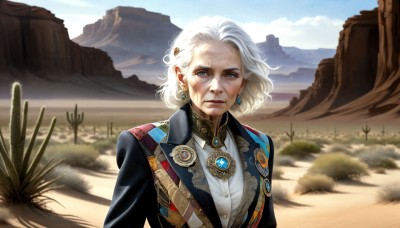 HQ,1girl,solo,looking at viewer,short hair,blue eyes,shirt,hair ornament,jewelry,closed mouth,jacket,white shirt,upper body,white hair,earrings,outdoors,sky,day,cloud,blue sky,lips,grey eyes,scar,brooch,gem,mountain,realistic,old,desert,uniform,black jacket,scenery,scar on face,old woman,wrinkled skin