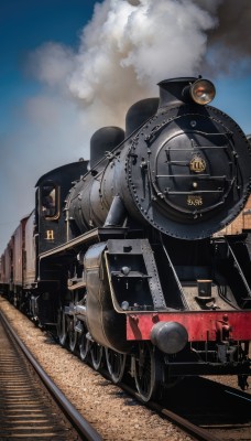 outdoors,multiple boys,sky,day,cloud,blue sky,military,no humans,ground vehicle,scenery,motor vehicle,smoke,realistic,military vehicle,tank,vehicle focus,train,caterpillar tracks,railroad tracks,machine gun