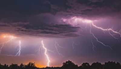 outdoors,sky,cloud,tree,no humans,cloudy sky,nature,scenery,forest,sunset,electricity,lightning