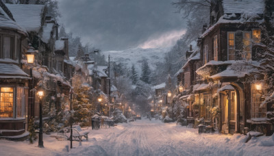 outdoors, sky, cloud, tree, no humans, window, night, building, scenery, snow, snowing, mountain, house, winter, lamppost, bare tree, pine tree