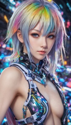 1girl,solo,long hair,breasts,looking at viewer,bangs,blue eyes,blonde hair,cleavage,bare shoulders,medium breasts,closed mouth,blue hair,upper body,pink hair,multicolored hair,small breasts,blurry,lips,grey eyes,gradient hair,makeup,blurry background,revealing clothes,science fiction,realistic,nose,cyberpunk,rainbow hair,hair between eyes,white hair,sidelocks,streaked hair,eyelashes,depth of field