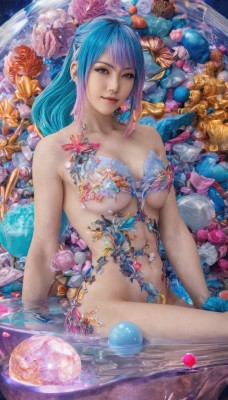 1girl,solo,long hair,breasts,looking at viewer,smile,bangs,blue eyes,navel,brown eyes,jewelry,medium breasts,sitting,blue hair,collarbone,pink hair,purple hair,flower,nude,multicolored hair,earrings,water,two-tone hair,lips,wet,gradient hair,underboob,arm support,gem,convenient censoring,partially submerged,fish,crystal,realistic,shell,seashell,pearl (gemstone),bare shoulders,closed mouth,artist name,petals,makeup,watermark,web address,planet,orb