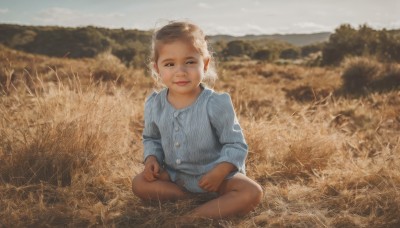 1girl,solo,looking at viewer,smile,short hair,brown hair,shirt,long sleeves,brown eyes,sitting,closed mouth,outdoors,sky,shorts,barefoot,day,pointy ears,dark skin,blurry,blurry background,blue shirt,child,realistic,female child,indian style,field,grass,scenery