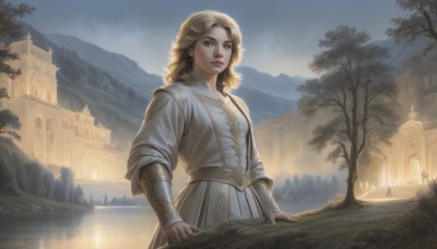 1girl,solo,long hair,looking at viewer,blonde hair,long sleeves,dress,brown eyes,closed mouth,standing,outdoors,sky,day,cloud,medium hair,water,white dress,tree,lips,wavy hair,grass,building,nature,scenery,robe,mountain,realistic,nose,fantasy,river,castle,lake,fog,jewelry,earrings,parted lips,solo focus,signature,sunlight,reflection,multiple others,bridge