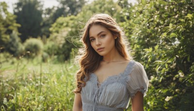 1girl,solo,long hair,looking at viewer,blue eyes,brown hair,dress,collarbone,upper body,flower,short sleeves,outdoors,day,white dress,blurry,tree,lips,see-through,depth of field,blurry background,wavy hair,plant,nature,curly hair,realistic,nose,breasts,hat,parted lips,puffy sleeves,puffy short sleeves,sunlight,lace trim,lace,lace-trimmed dress