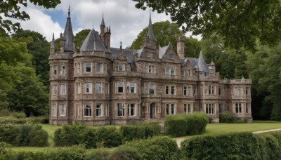 outdoors,sky,day,cloud,tree,blue sky,no humans,window,cloudy sky,grass,building,nature,scenery,forest,road,bush,house,castle,path,fantasy,tower