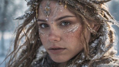 1girl,solo,long hair,looking at viewer,brown hair,brown eyes,jewelry,outdoors,parted lips,blurry,lips,eyelashes,depth of field,blurry background,portrait,snow,close-up,freckles,circlet,snowing,realistic,nose,winter,blonde hair,hair ornament,wind,veil