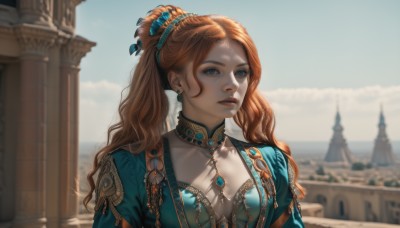 1girl,solo,long hair,breasts,looking at viewer,blue eyes,brown hair,hair ornament,dress,cleavage,twintails,jewelry,upper body,ponytail,earrings,outdoors,sky,choker,day,signature,necklace,orange hair,blurry,lips,depth of field,blurry background,blue dress,looking away,gem,realistic,closed mouth,cloud,wavy hair,sunlight,brooch,green dress,nose,blue gemstone