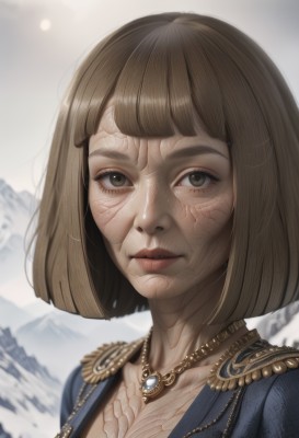 1girl,solo,breasts,looking at viewer,short hair,bangs,brown hair,cleavage,brown eyes,jewelry,closed mouth,upper body,outdoors,day,blunt bangs,necklace,blurry,lips,eyelashes,blurry background,bob cut,portrait,epaulettes,mountain,realistic,nose,jacket,scar,expressionless,blue jacket,gem,scar on face