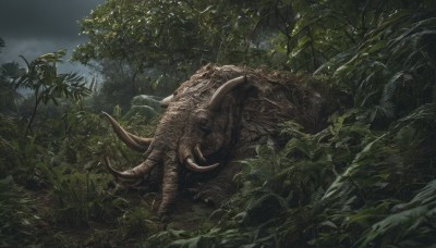 outdoors,horns,sky,day,cloud,tree,no humans,leaf,cloudy sky,plant,nature,scenery,forest,monster,teeth,night,sharp teeth,dinosaur