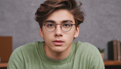 solo,looking at viewer,short hair,brown hair,shirt,1boy,brown eyes,closed mouth,upper body,male focus,glasses,indoors,blurry,sweater,lips,blurry background,messy hair,portrait,freckles,black-framed eyewear,realistic,nose,round eyewear,green shirt,green sweater,book,depth of field,bookshelf