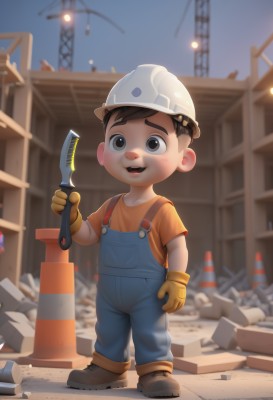 solo,looking at viewer,smile,short hair,open mouth,brown hair,shirt,gloves,1boy,hat,holding,standing,full body,short sleeves,male focus,boots,outdoors,shoes,teeth,blurry,black eyes,blurry background,helmet,child,overalls,male child,hammer,wrench,hardhat,brown eyes,brown footwear,building,baseball cap,brown gloves,yellow gloves