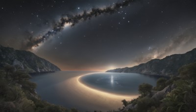 outdoors,sky,cloud,water,tree,no humans,night,grass,star (sky),nature,night sky,scenery,forest,smoke,starry sky,reflection,sunset,mountain,river,landscape,lake,star (symbol),ocean,horizon,planet,shore,shooting star,milky way