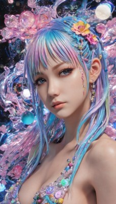 1girl,solo,long hair,breasts,looking at viewer,bangs,blue eyes,large breasts,hair ornament,cleavage,bare shoulders,jewelry,medium breasts,closed mouth,blue hair,collarbone,upper body,pink hair,flower,multicolored hair,earrings,hair flower,necklace,two-tone hair,lips,eyelashes,aqua hair,gradient hair,makeup,expressionless,gem,pink flower,realistic,nose,mascara,pearl (gemstone),water,watermark,planet