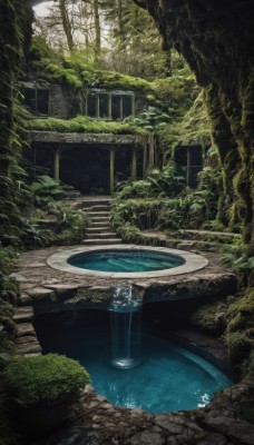 outdoors,day,water,tree,no humans,grass,plant,nature,scenery,forest,stairs,bush,ruins,pillar,waterfall,moss,overgrown,sunlight,building,fantasy,glass