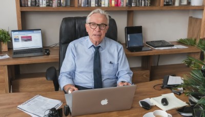 solo,looking at viewer,short hair,shirt,long sleeves,1boy,jewelry,sitting,white shirt,upper body,white hair,grey hair,male focus,necktie,glasses,collared shirt,indoors,cup,book,dress shirt,facial hair,chair,phone,table,ring,cellphone,blue shirt,plant,black necktie,desk,black-framed eyewear,watch,blue necktie,paper,realistic,round eyewear,wristwatch,potted plant,computer,old,monitor,old man,laptop,keyboard (computer),mouse (computer),office,wrinkled skin,headphones,smartphone,beard,mug,bookshelf