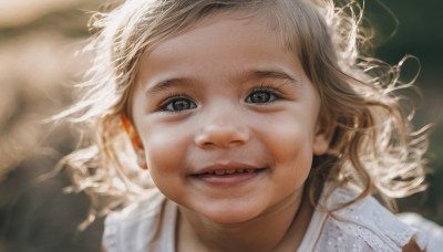 1girl,solo,looking at viewer,smile,open mouth,blonde hair,brown hair,parted lips,teeth,blurry,black eyes,lips,grey eyes,depth of field,blurry background,child,portrait,realistic,long hair,eyelashes,close-up