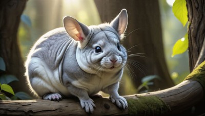 HQ,solo,blue eyes,closed mouth,full body,outdoors,day,blurry,tree,no humans,depth of field,blurry background,animal,leaf,sunlight,cat,plant,nature,claws,forest,realistic,branch,animal focus,mouse,whiskers,moss,standing,signature,black eyes,rabbit,mushroom