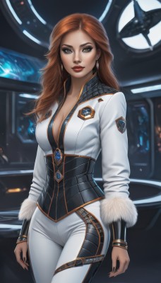 1girl,solo,long hair,breasts,looking at viewer,large breasts,brown hair,cleavage,brown eyes,jewelry,medium breasts,standing,jacket,cowboy shot,earrings,pants,nail polish,orange hair,lips,fur trim,bodysuit,makeup,lipstick,black nails,corset,eyeshadow,science fiction,realistic,white pants,nose,red lips,long sleeves,fingernails,gem,zipper,long fingernails,emblem