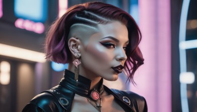 1girl,solo,looking at viewer,short hair,brown hair,black hair,brown eyes,jewelry,collarbone,jacket,purple hair,multicolored hair,earrings,parted lips,choker,blurry,two-tone hair,lips,eyelashes,makeup,blurry background,piercing,lipstick,ear piercing,portrait,eyeshadow,asymmetrical hair,realistic,nose,eyeliner,leather,undercut,leather jacket,mascara,cyberpunk,black lips,upper body,dark skin,dark-skinned female,looking away